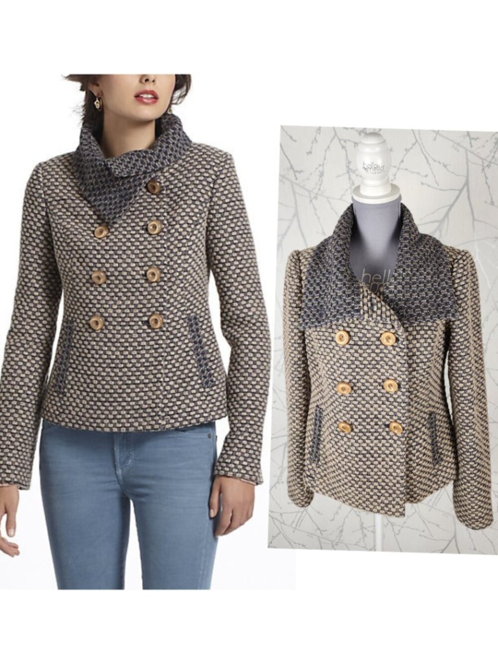 Tabitha Beige Wool Blend Woven Double Breasted Jacket